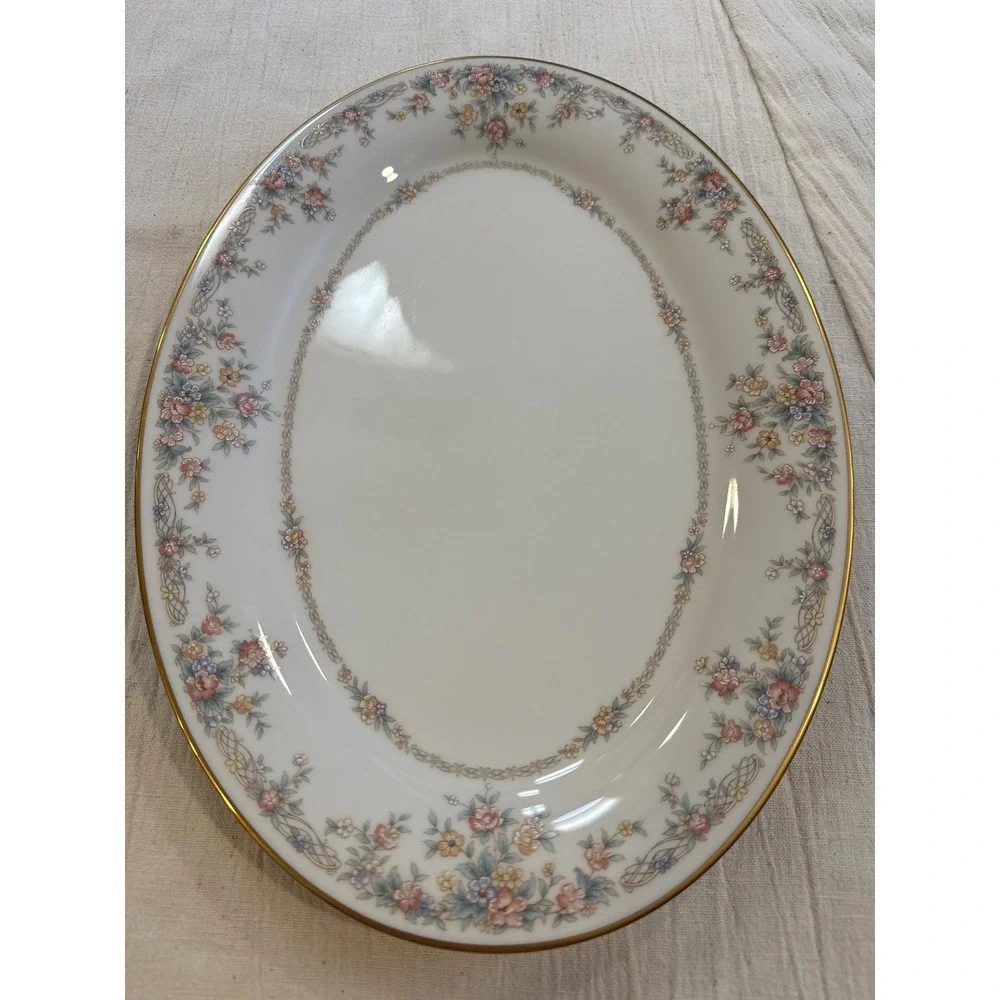 Noritake Ivory China Gallery 7246 Oval Serving Platter Floral Gold Trim 13.5in